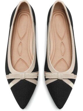 Women's Black And Beige Comfortable Pointed Toe Knit Foldable Ballet Flat Shoes